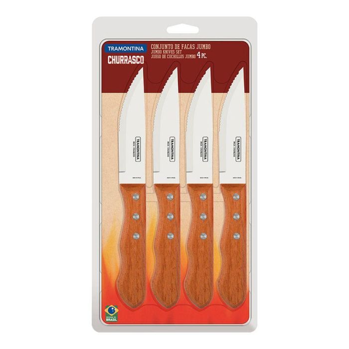 Tramontina Juego de Cuchillos para Asado Jumbo 12,7 cm Acero Inoxidable Mango Madera Natural 4 Piezas Tramontina Juego de Cuchillos para Asado Jumbo 12,7 cm Acero Inoxidable Mango Madera Natural 4 Piezas