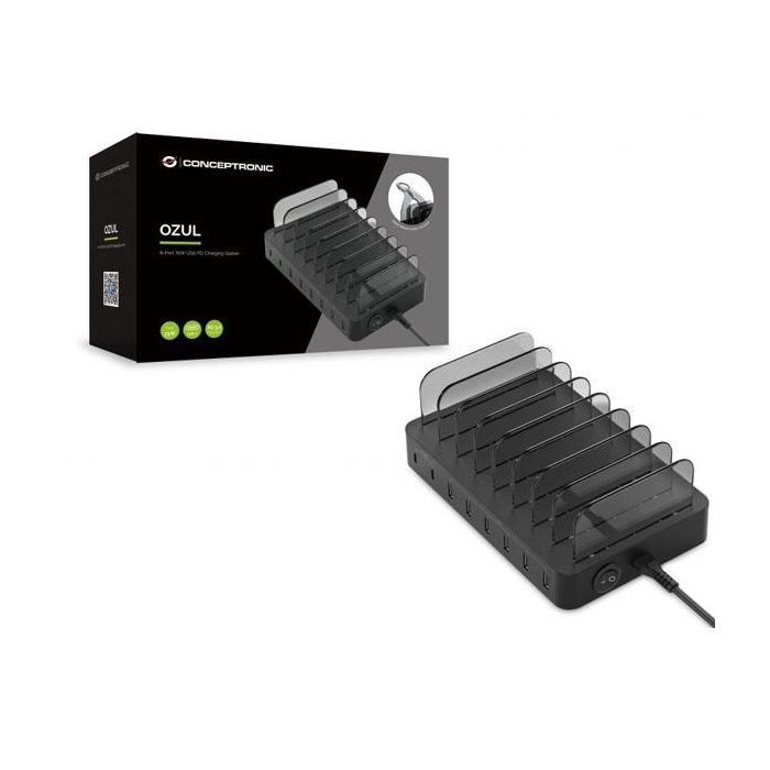 Conceptronic OZUL02B Estación de Carga 75W USB-C PD, 6x USB-A, Carga Rápida para Apple Watch, Nintendo Switch, iPad, iPhone, Samsung 1