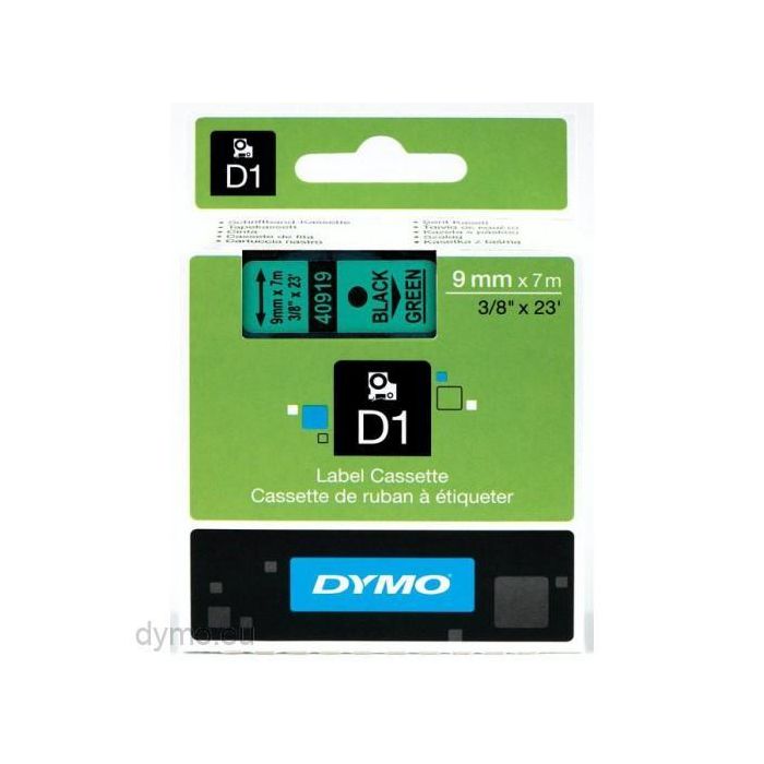 Dymo 40919 Cinta de Transferencia Térmica D1, Negro Sobre Verde, 9 mm x 7 M, Poliéster Autoadhesiva