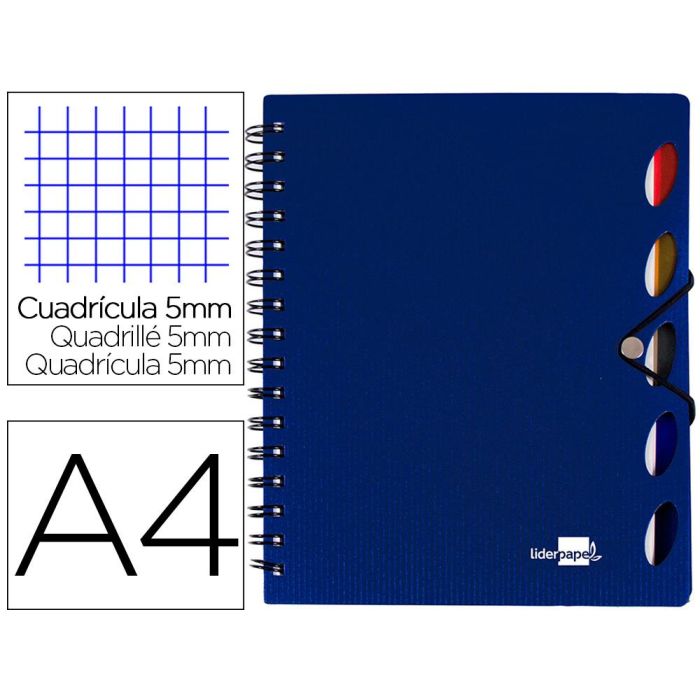 Cuaderno Espiral Liderpapel A4 Micro Executive Tapa Plastico 100H 80 gr Cuadro 5 mm 5 Separadores Con Gomilla Azul