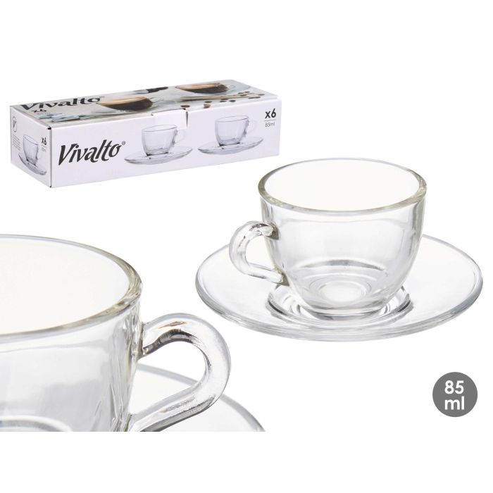 Vivalto Taza de Vidrio para Café 85 ml con Plato - 11x5.5x11 cm (24 Unidades) Vivalto Taza de Vidrio para Café 85 ml con Plato - 11x5.5x11 cm (24 Unidades)