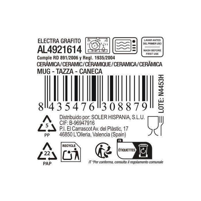 Inde Taza Jumbo Electra Grafito, Taza Grande 400 cc, 11,5 cm Ancho x 7,8 cm Alto x 14,5 cm Largo (36 Unidades)