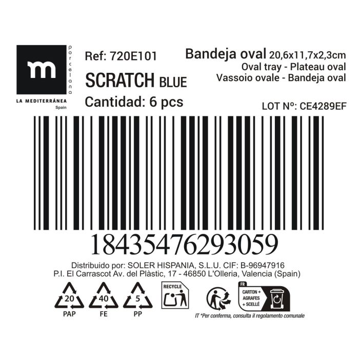 La Mediterranea Bandeja Oval Scratch Blue 20.6 x 11.7 x 2.3 cm 2