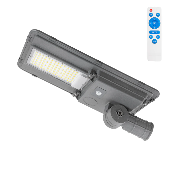HO-STR Farola LED Solar 100W 5000K Blanco Frío, Panel 15W, Batería 10Ah, Sensor Crepuscular y Control Remoto, IP65, para Alumbrado Público