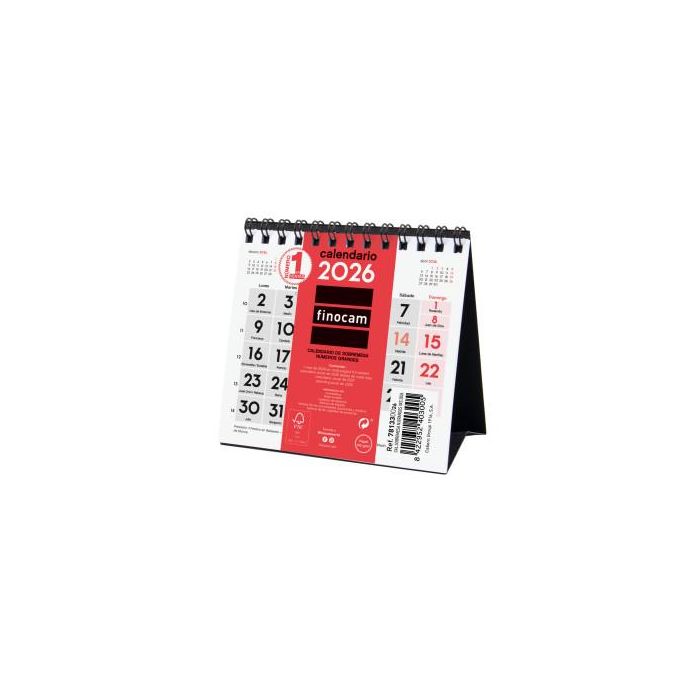 Finocam XXS-110x100 mm Mv Neutro Calendario de Sobremesa Anual Números Grandes 2026, con Espiral Doble
