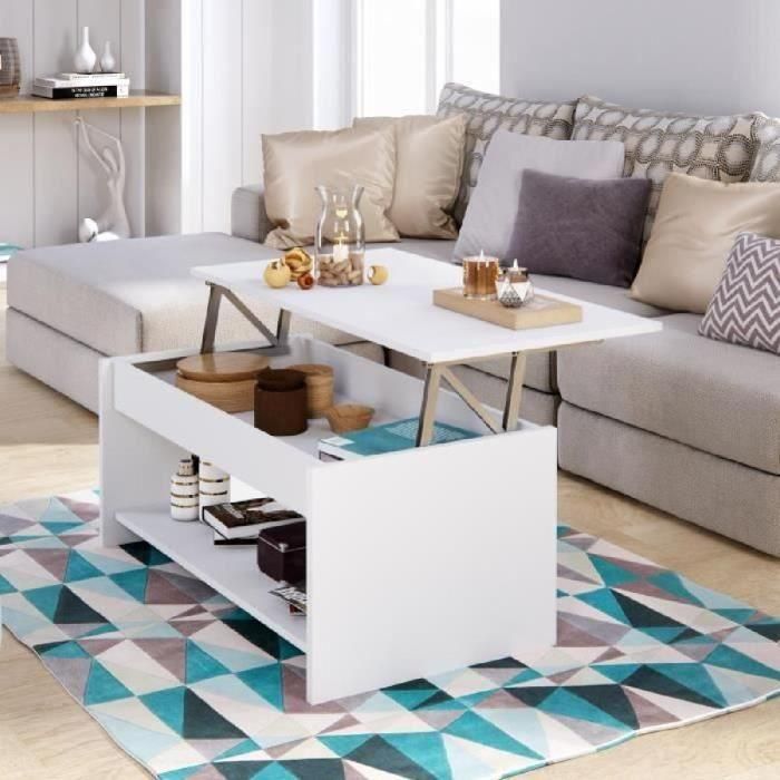 HAPPY Mesa de centro elevable estilo moderno blanco mate - L 100 x W 50 cm 2 HAPPY Mesa de centro elevable estilo moderno blanco mate - L 100 x W 50 cm 2