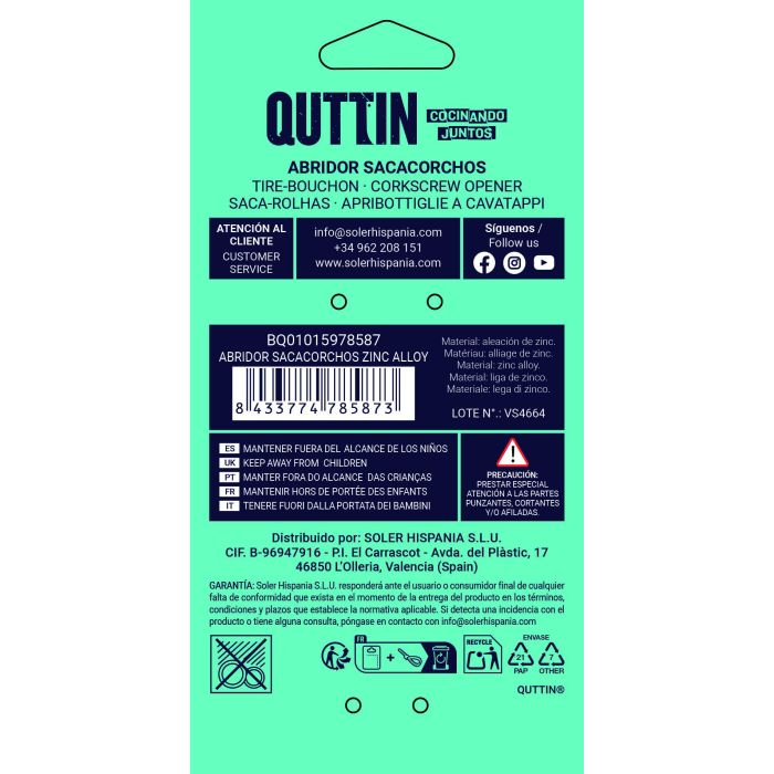 Quttin Abridor Sacacorchos de Zinc Alloy 18x7x4 cm (18 Unidades) 13
