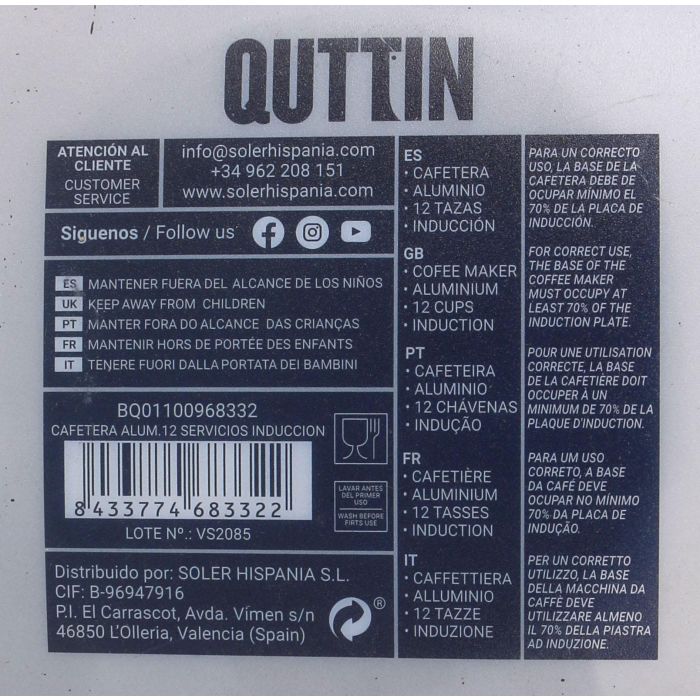 Cafetera de aluminio para 12 servicios con inducción Quttin (6 Unidades) 10 Cafetera de aluminio para 12 servicios con inducción Quttin (6 Unidades) 10