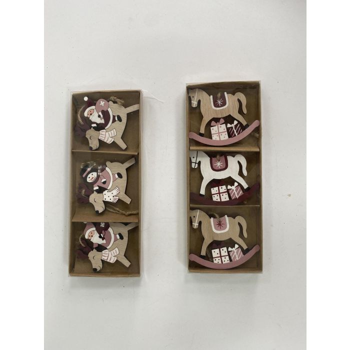 DKD Home Decor Decoración Colgante Navidad Fantasía MDF - Pack 2 Sets Surtidos de 3 Piezas Rosa, Natural y Blanco (8.2x1.5x21cm)