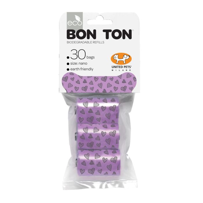 United Pets Bon Ton Nano: Recambio de Bolsas de Plástico Biodegradable Color Morado - Pack de 3 Rollos con 10 Unidades