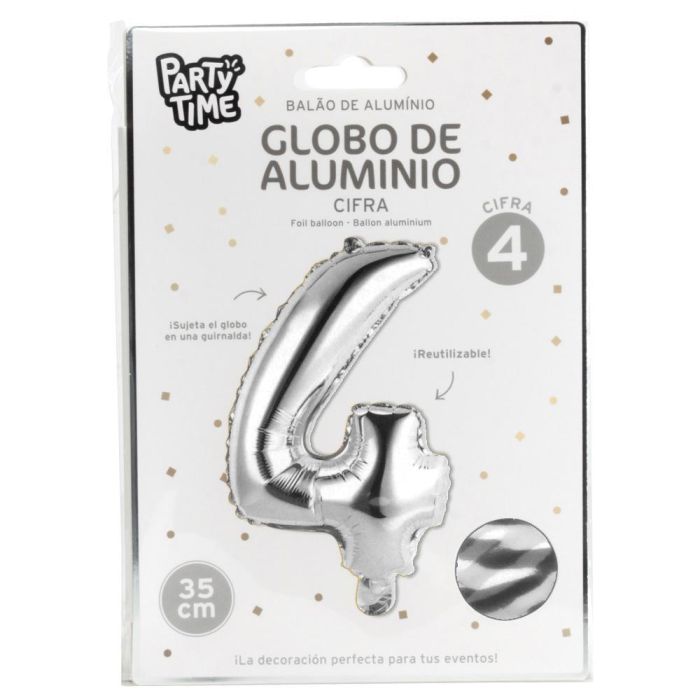 Globo Cifra 4 Plata Party Time altura 35 cm 1 Globo Cifra 4 Plata Party Time altura 35 cm 1