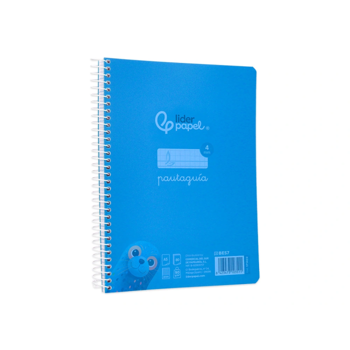 Liderpapel Cuaderno espiral A5 Pautaguía Tapa Plástico 80 Hojas 90gr Cuadro Pautado 4mm con Margen Color Azul 4
