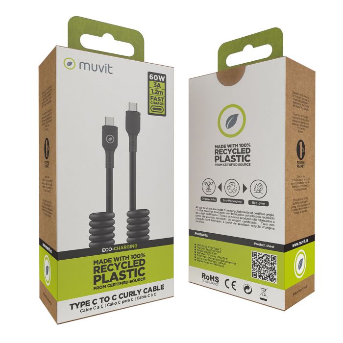 muvit for change cable rizado Tipo C a Tipo C 3A 60w 1,2m negro 2 muvit for change cable rizado Tipo C a Tipo C 3A 60w 1,2m negro 2