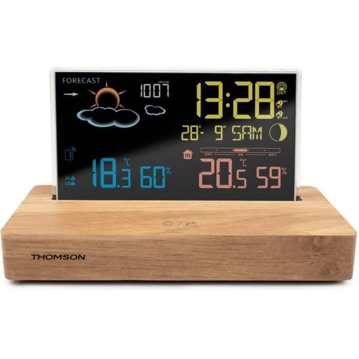 Reloj despertador estación meteorológica - THOMSON - Madera oscura - Visualizador de temperatura, Higrometría, Alarma dual, USB-C, Sonda inalámbrica