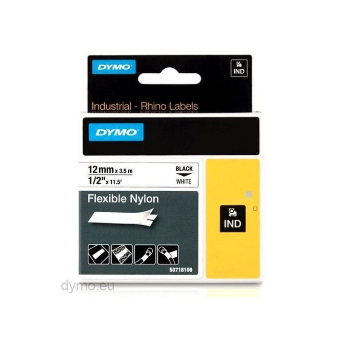 Dymo S0718100 Cinta de Etiquetas Industrial Adhesiva Negro sobre Blanco 12 mm x 5.5 m Nylon Flexible