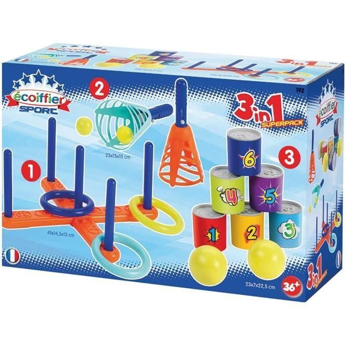 Ecoiffier Pack 3 Deportes: Juego de Sacudida (6 Latas, 2 Bolas), Aros (3 Anillos), Lanzador (2 Lanzadores, 2 Bolas) +3 Años 5