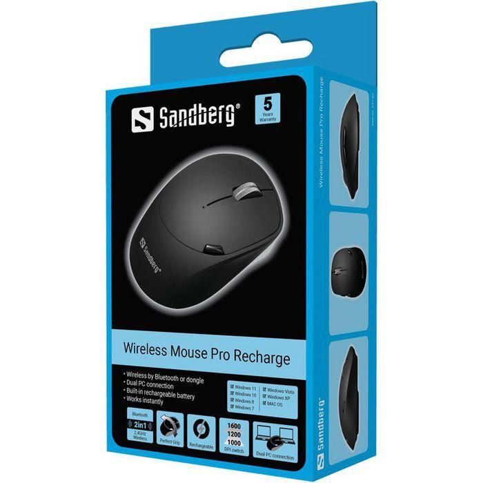 Sandberg Wireless Mouse Pro Recargable, 6 Botones, Conexión Dual Bluetooth y USB Dongle para Ordenador 5
