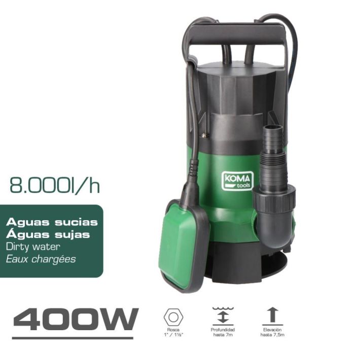 Koma Tools Bomba Drenaje Aguas Sucias BAS-400 400W 8000 L/H Sumergible Automática 1