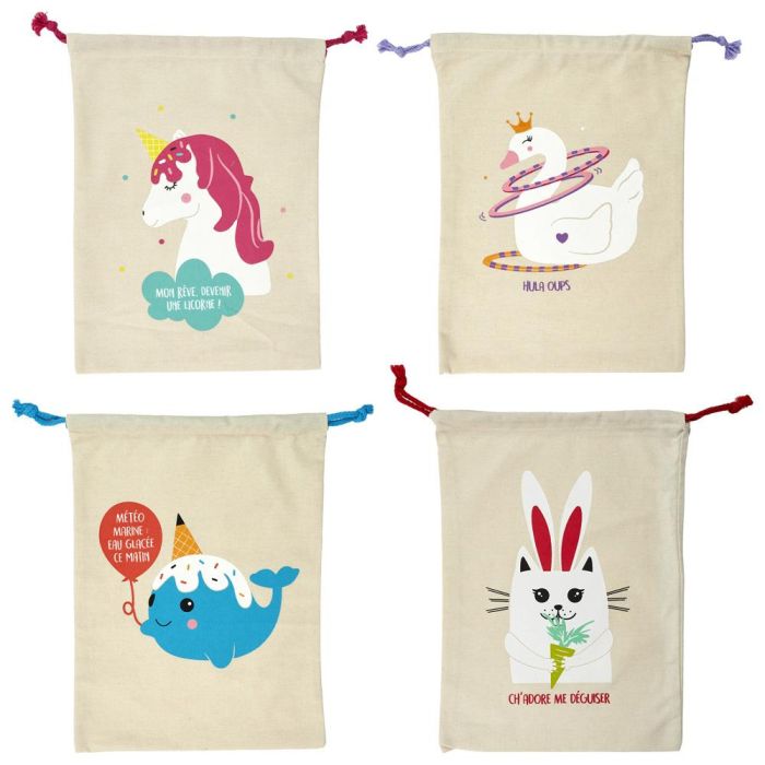 Tom et Zoe Bolsa Pijama Infantil Lona Cuerda Modelos Gato Conejo Cisne Unicornio 35x27 cm 2