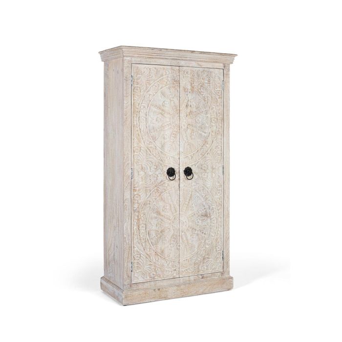 Giner y Colomer Armario de Madera de Mango con Puertas Talladas Estilo Étnico, Color Arena 1 Giner y Colomer Armario de Madera de Mango con Puertas Talladas Estilo Étnico, Color Arena 1