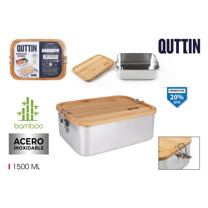 Quttin Fiambrera acero inoxidable con tapa de bambú rectangular 1500 ml - 20.5 cm x 15 cm x 7.7 cm (6 Unidades)
