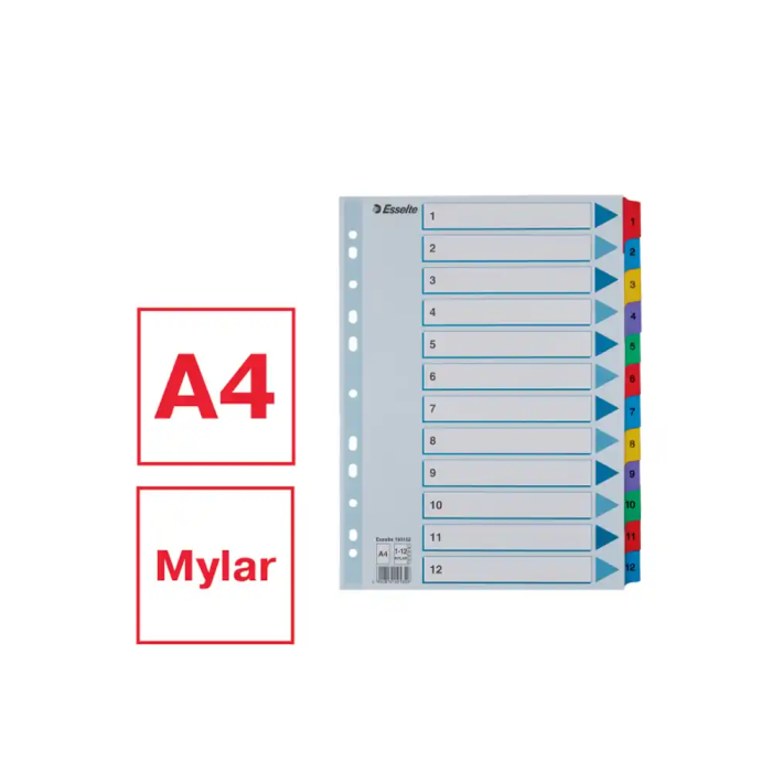 Esselte Separador Numérico 1-12 Cartulina Mylar Borra DIN A4 Multitaladro Multicolor Juego de 12 1