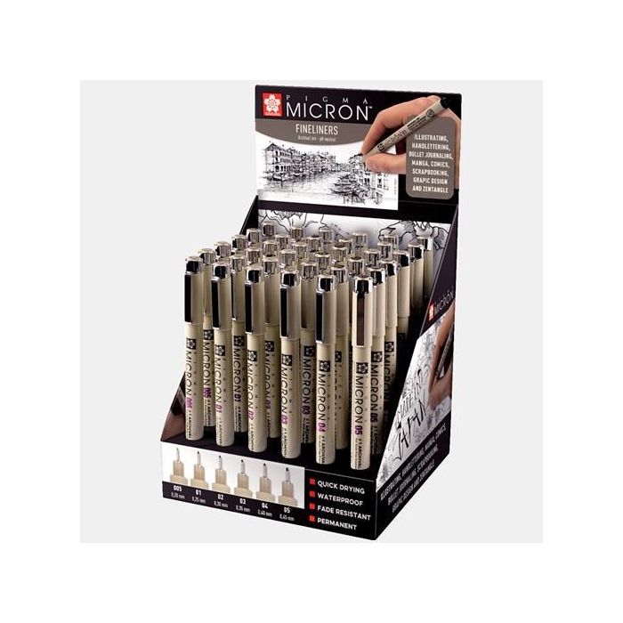 Talens Sakura Expositor De 36 Rotuladores Permanentes Pigma Micron Fineliner Negro - Varios Anchores De Punta