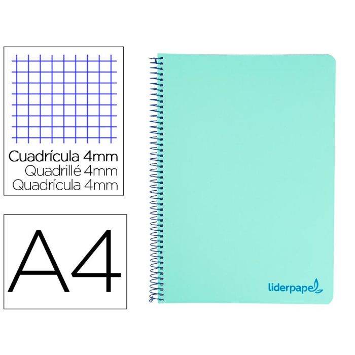 Cuaderno Espiral Liderpapel A4 Wonder Tapa Plastico 80H 90 gr Cuadro 4 mm Con Margen Color Verde 5 unidades