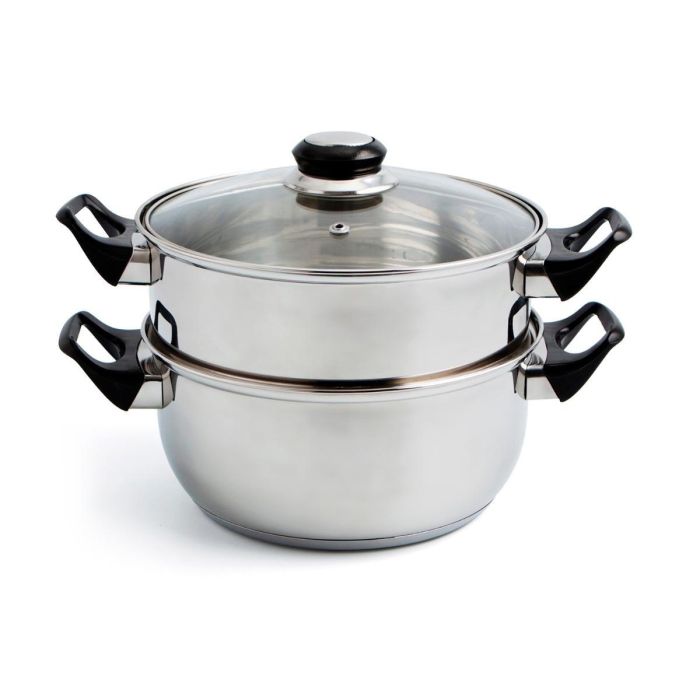 Quid Set Vaporera y Cacerola Acero Inoxidable Gastro Fresh 22 cm 3 Piezas Tapa Hermética Válvula Apto Lavavajillas