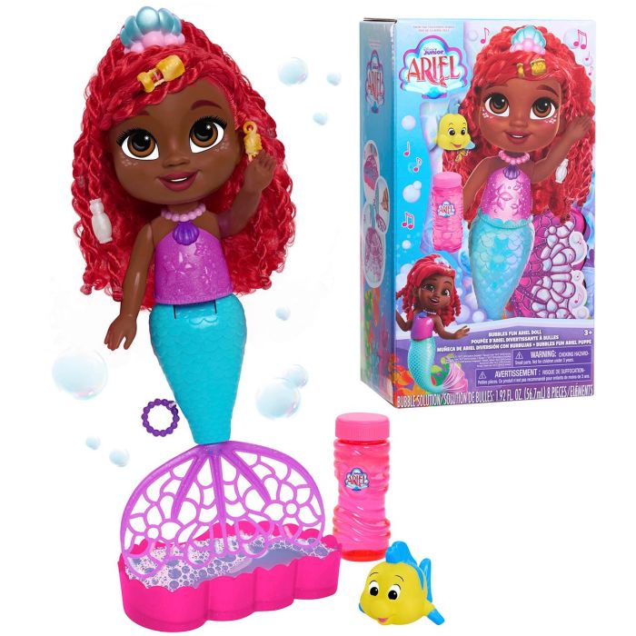 Just Play 39902 Muñeca Sirena Princesa Ariel Disney Junior Bubbles, Sonido y Canción 'Shimmer', Figura Flounder y Solución Burbujas 30cm 2