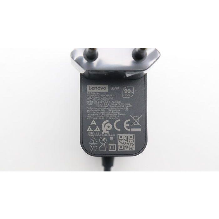 Lenovo 65W power adapter with adjustable voltage levels: 20V, 15V, 9V, and 5V, featuring dual ports for simultaneous charging. 8 Lenovo 65W power adapter with adjustable voltage levels: 20V, 15V, 9V, and 5V, featuring dual ports for simultaneous charging. 8