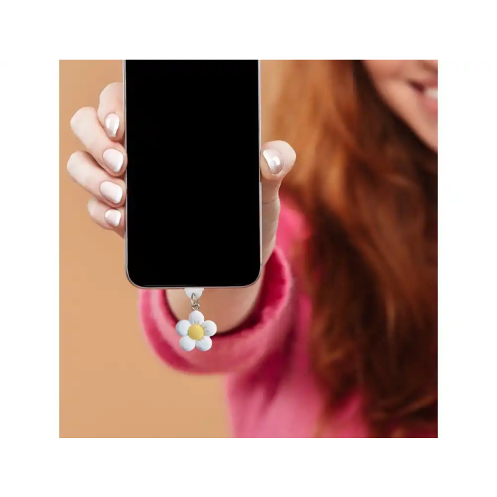 Wondee Charm Funny Protegepuertos Móvil con Colgante Floral Blanco para Tipo-C - Protección Contra Polvo y Decoración para Smartphone