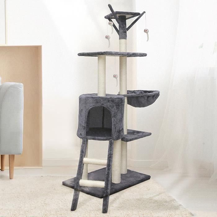 JIPSY ALC11 Árbol para gatos mediano, con nicho, 3 plataformas, rascador de sisal, escalera y ratones, gris 79x34x138 cm 1 JIPSY ALC11 Árbol para gatos mediano, con nicho, 3 plataformas, rascador de sisal, escalera y ratones, gris 79x34x138 cm 1