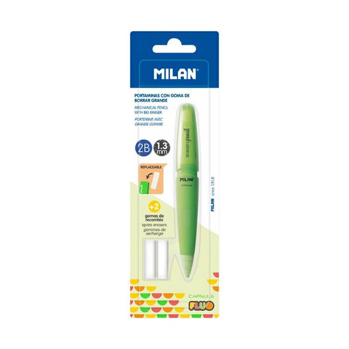 Milán Blister Portaminas Capsule Fluo con 2 Gomas de Recambio, Mina 1.3mm 2B, Colores Surtidos Fluo 1