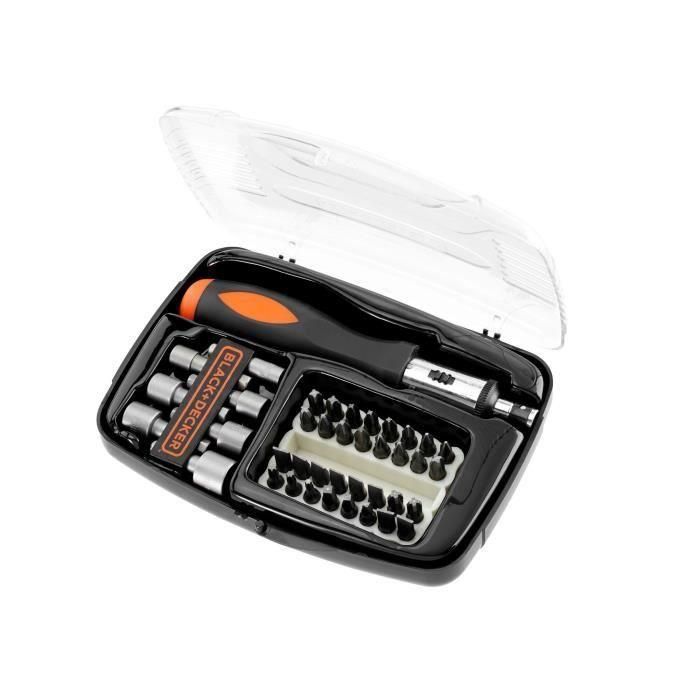 Black+Decker Atornillador de carraca A7062-XJ con 40 Piezas: Puntas Pozidriv, Phillips, Planas, Torx, Cuadradas y 7 Llaves de Vaso