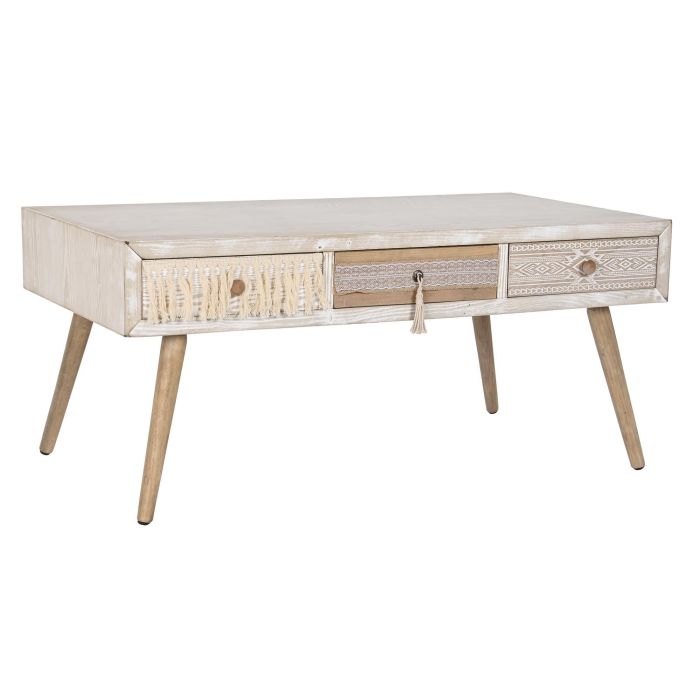 DKD Home Decor Mesa Centro Boho Blanco Natural Madera de Abeto y Algodón 110x60x50 cm 6