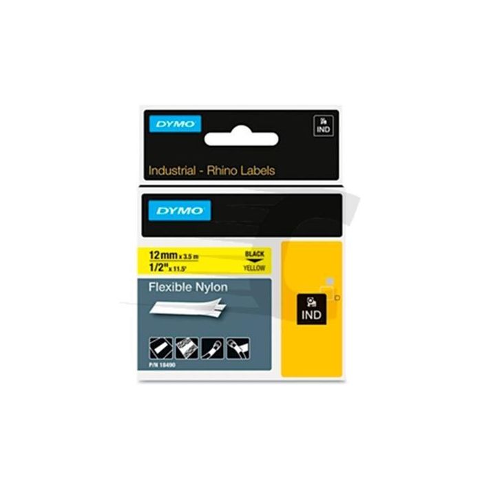 Dymo Rhino Cinta de Etiquetas Industrial Adhesiva, Negro sobre Amarillo, 12 mm x 3.5M, Nylon Flexible, S0718080