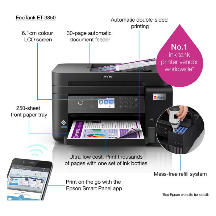 Epson ET-3850 Impresora Multifunción EcoTank 3 en 1, A4, Wi-Fi, ADF, Duplex, Inyección de Tinta, Color, 4800 x 1200 DPI 13