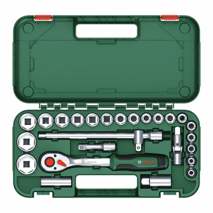 Bosch BOS4053423254143 Juego de 25 llaves de carraca de 1/2", par de torsión hasta 768 Nm, botón de bloqueo, agarre suave, estuche 1 Bosch BOS4053423254143 Juego de 25 llaves de carraca de 1/2", par de torsión hasta 768 Nm, botón de bloqueo, agarre suave, estuche 1