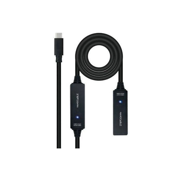 Nanocable 10.01.1312 Cable Alargador USB Tipo-C 3.2 Gen1 Activo con Amplificador USB-C Macho-Hembra, 10m Negro, 5 Gbps