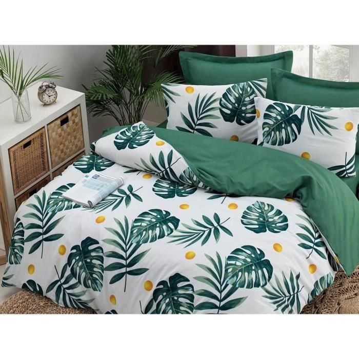 Juego de cama - 1 funda nórdica 220x240 cm + 2 fundas de almohada 60x60 cm - 65% algodón, 35% poliéster - Verde 2 Juego de cama - 1 funda nórdica 220x240 cm + 2 fundas de almohada 60x60 cm - 65% algodón, 35% poliéster - Verde 2