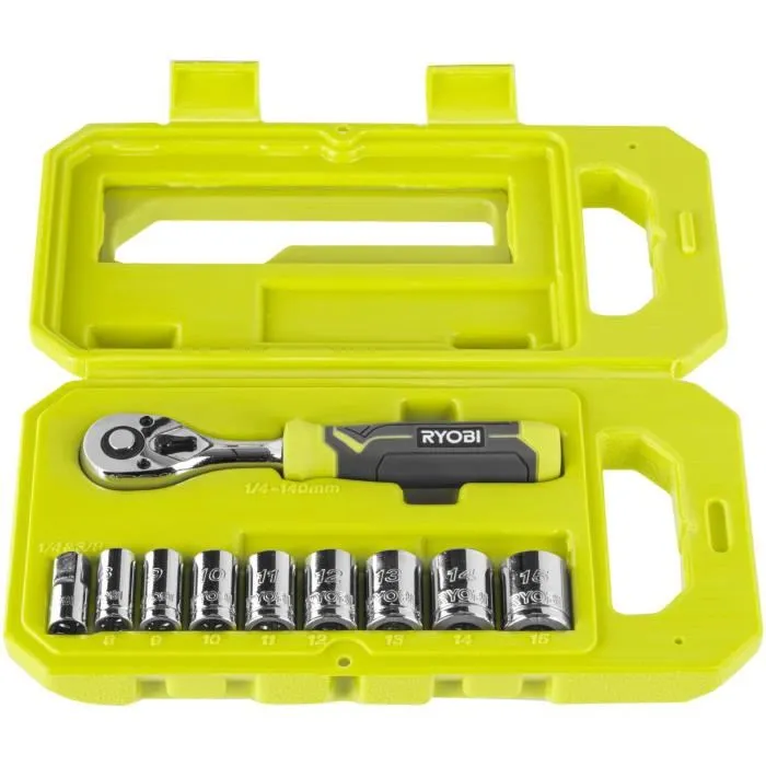 Ryobi RYO4892210225207 Llave de carraca de 90 dientes (4° recuperación), 8 vasos (8-15 mm) y adaptador 1/4" -> 3/8" 3