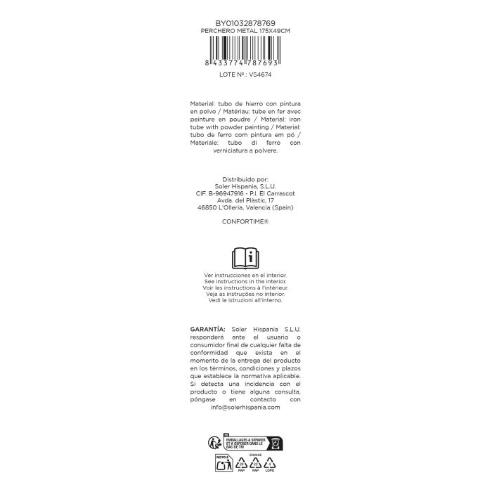 Perchero Metal 175X49Cm Confortime (6 Unidades) 5 Perchero Metal 175X49Cm Confortime (6 Unidades) 5