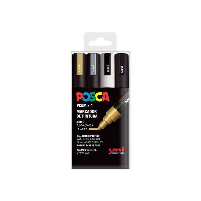 POSCA Marcador Pc-5M-4C No Permanente 1.8 mm-2.5 mm, Tinta Base Agua, Colores Surtidos -Estuche 4U-