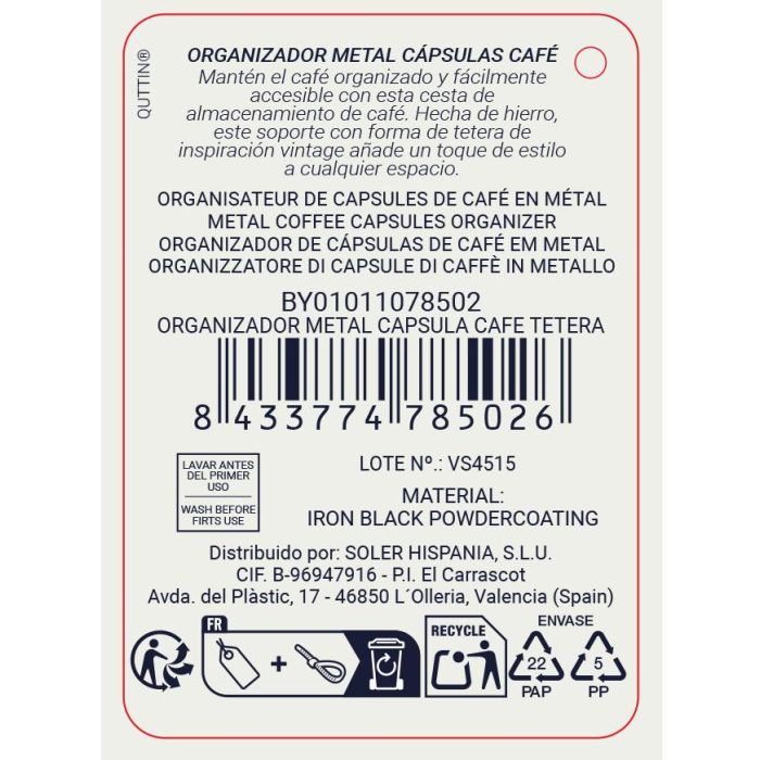 Organizador Metálico para Cápsulas de Café y Tetera Quttin - Inde (8 Unidades) 7 Organizador Metálico para Cápsulas de Café y Tetera Quttin - Inde (8 Unidades) 7