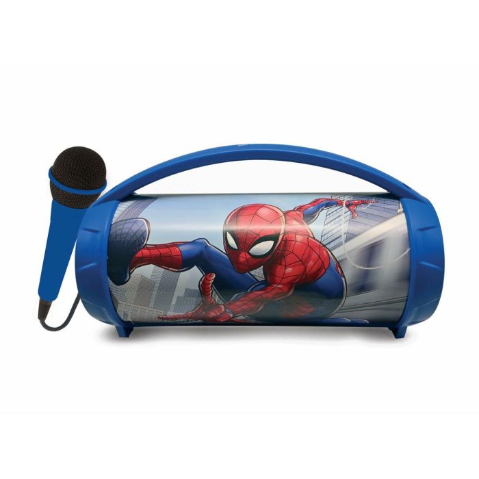Lexibook Altavoz Bluetooth Spiderman Marvel con Micrófono Karaoke para Niños, Efectos de Luz Multicolor, Batería Recargable hasta 3 Horas