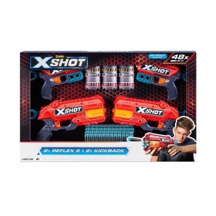 Pack Blasters - ZURU - Combo Pack 2 Kickback + 2 Reflex 6 - Potentes blasters con disparo de 27 metros y cañón giratorio 2