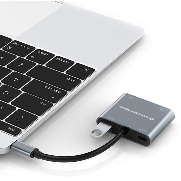 Conceptronic DONN16GR Hub Usb Tipo C 4 en 1 a HDMI, VGA, USB-C PD 100W, USB 3.0 3