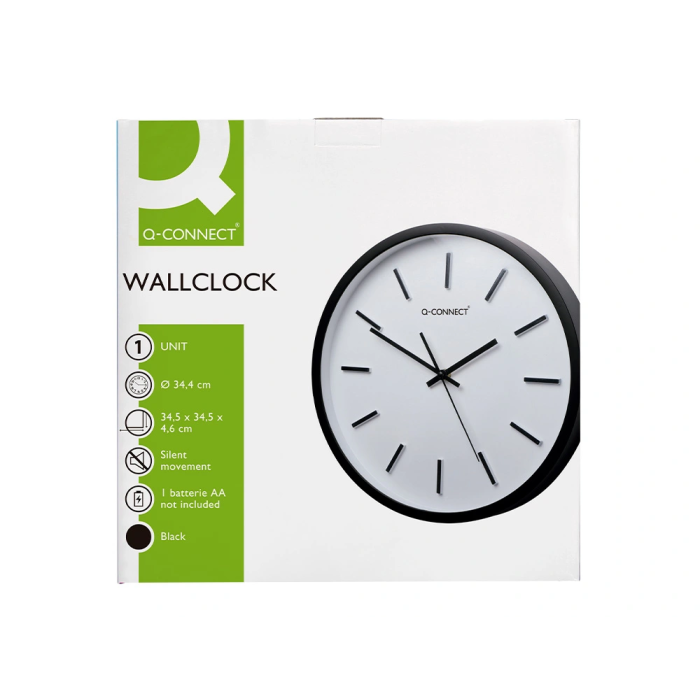 Q-connect Reloj de Pared Redondo de Plástico Negro 34,4 cm Movimiento Silencioso 7