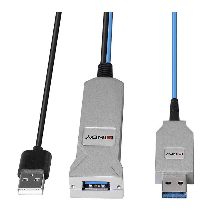 LINDY Cable USB 3.0 43345 de 30 m Fibra óptica 5 Gbit/s, USB A Macho a 2x USB A (Macho/Hembra), Azul/Plata